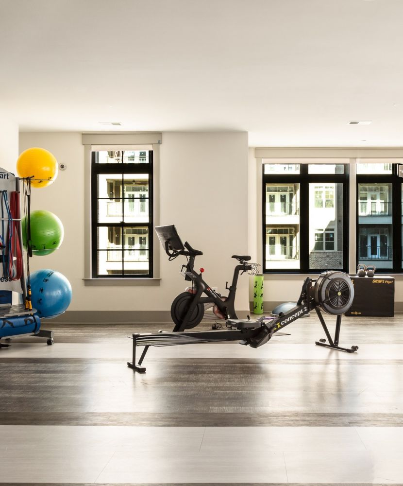 Concept2 rower inside large luxury apartment fitness space