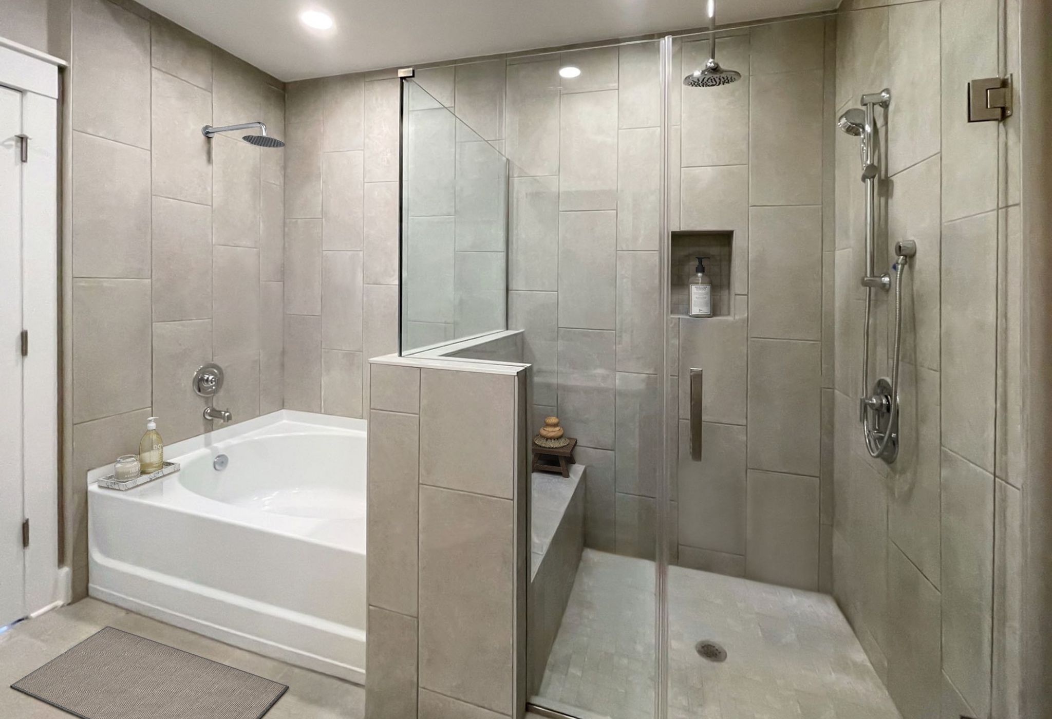 Luxury Charlotte apartment bathroom with tile-surround shower and tub, tile flooring, and cabinet storage