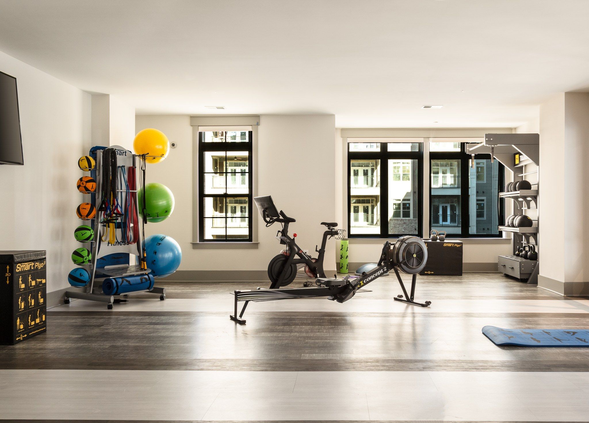 Apartment yoga studio with Concept2 rower, exercise balls, and yoga mats