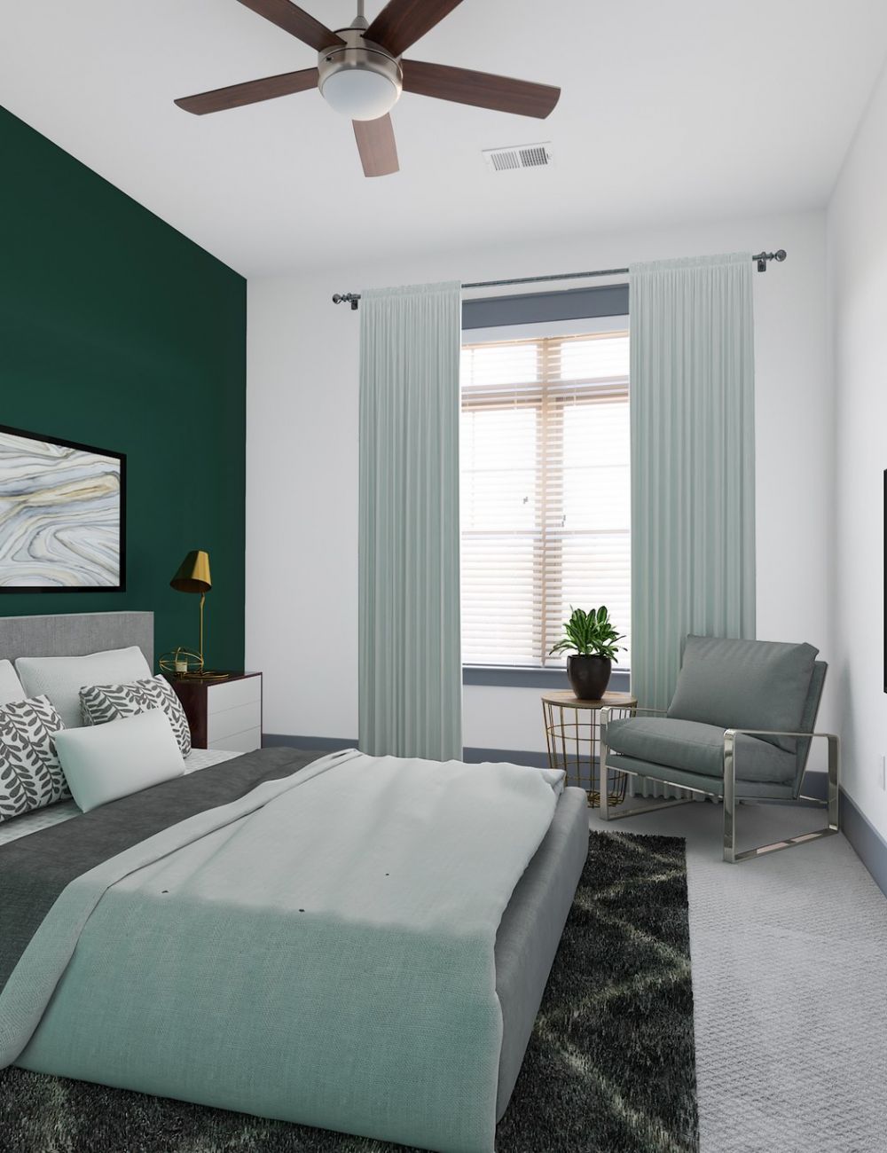 Luxury apartment bedroom with green accent wall, large window, carpet, comfy bed, and large screen TV