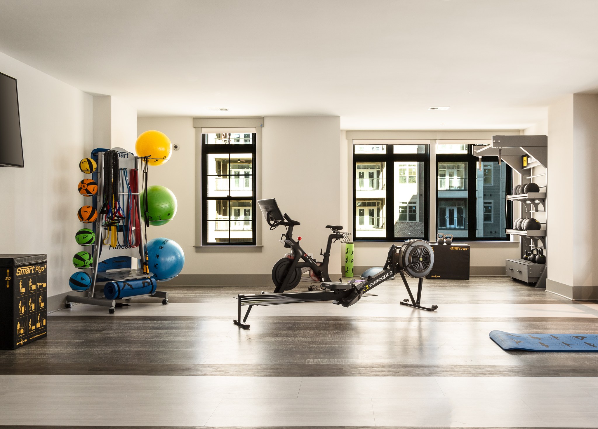 Yoga room at Charlotte apartment with Concept 2 rower, exercise balls, and yoga mats
