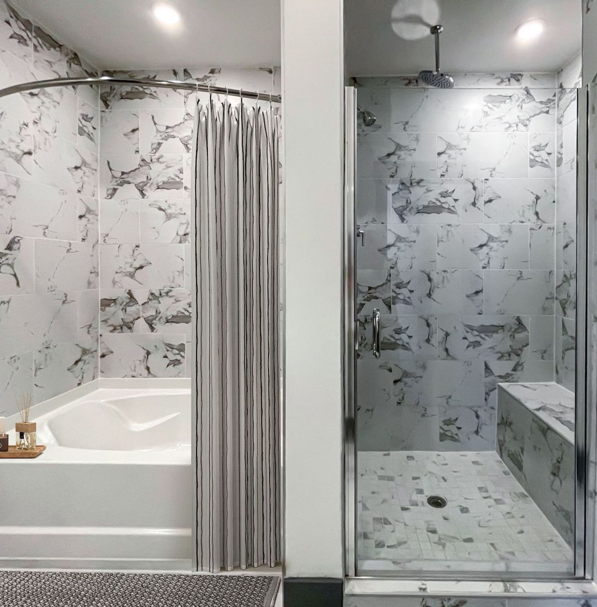 Providence Row apartment bathroom with luxury tile flooring, soaking tub, and lots of storage space